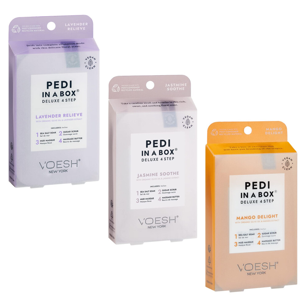Voesh Pedi In A Box 4 Step Trio, 3 Pack Of Scents: Lavender Relieve, Jasmine Soothe, And Mango Delight