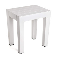 rectangular stool made of white textured polypropylene, with a wood effect finish. Anti-UV protection, suitable for indoor and outdoor use. Size