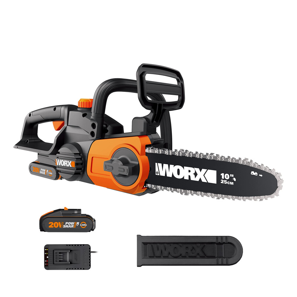 20V Cordless Chain Saw, WG322E.1 25cm Chainsaw, Auto-Tension and Auto-Lubrication, 10'' Bar Length, Powershare, 1 * 2.0Ah Battery, 1 * 2A Charger