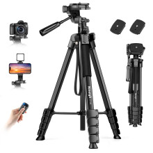 Camera Phone Tripod, 75'' Lightweight DSLR Camera Stand with 3 Way Pan Head, Horizontal Tripod for Smartphone with Remote and Carry Bag for Travel