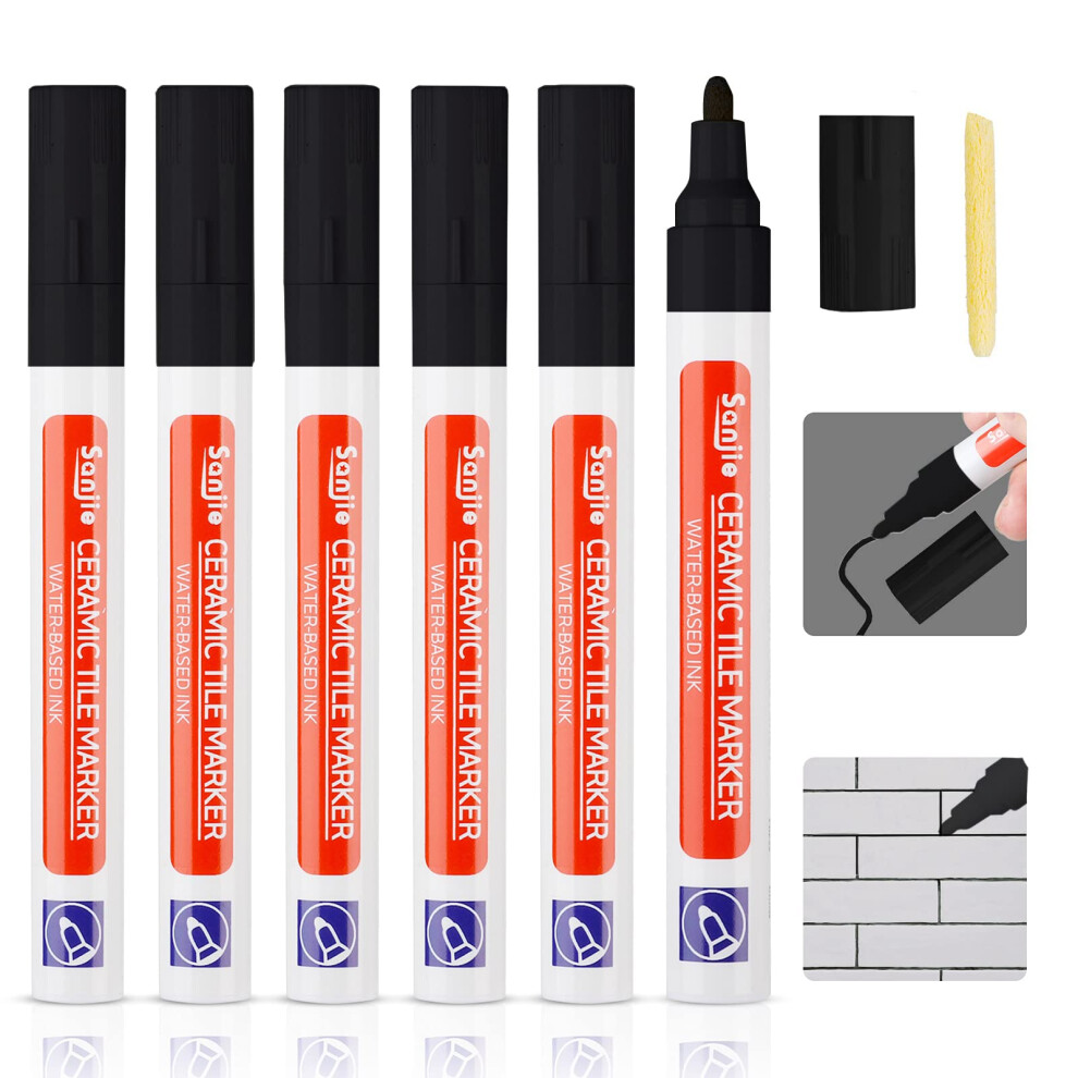 Donql 6Pcs Tile Pen Black Grout Pen For Tiles Bathroom With Replacement Nib Tips Anti-Grout Black Tile Pen Marker For Restoring Tile Grout Wall Floor
