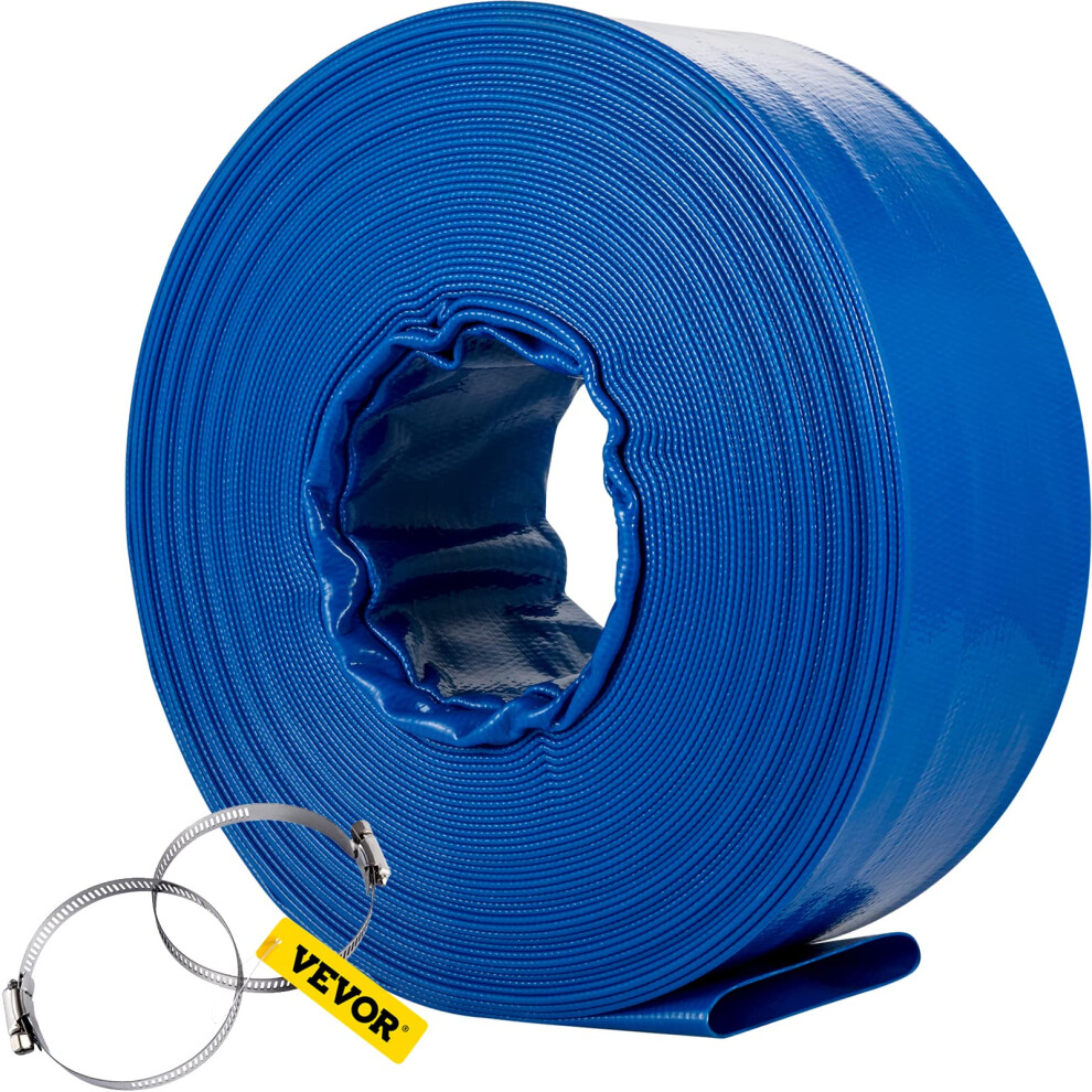 1.5" x 105 Discharge 105', PVC Fabric Lay Flat, Heavy Duty Backwash Drain Hose with Clamps, Weather Burst-Proof, Ideal for Swimming Pool & Water