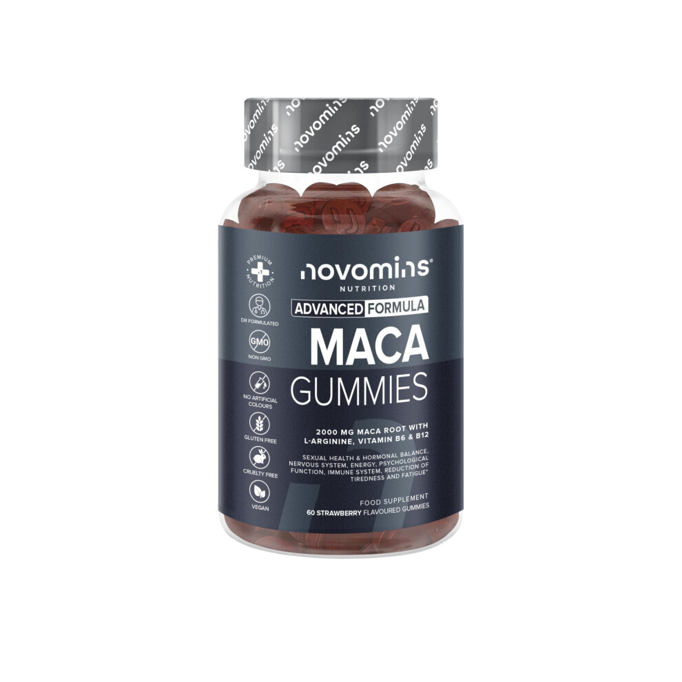 Novomins Maca Root Gummies 2000Mg (High Strength) - 100% Peruvian Maca Supplement For Men And Women- L-Arginine, Vitamin B12 & B6-60 Vegan Strawberry Chews