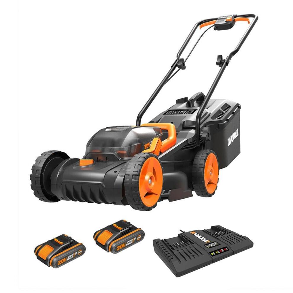 WG779E.2 40V 34cm Cordless Lawn Mower, Petrol-Like Power, Cut-to-Edge Design, Adjustable Height, with 2x2.0Ah Batteries and Charger, Part of