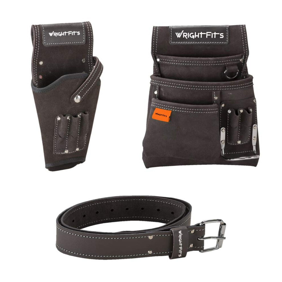 Leather Tool Belt Pouch With Multi Pockets | Hammer Loop Drill Holster Work Tool Organiser & Storage With Belt | Adjustable Waist For Carpenters, 5060934482483