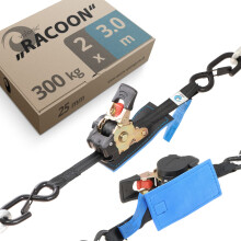 RACOON - retractable ratchet straps with hook - 300 Kg, 3m, 2 pack, protection pad, 25mm, black - tie down straps for motorcycle, motorbike