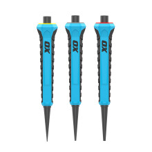 OX Pro Nail Punch 3 Pack Set (0.8mm, 1.6mm, 2.4mm), Forged Hardened Steel, Non-Slip Handles, Hexagonal Anti-Roll Design for Stability, Colour-Coded