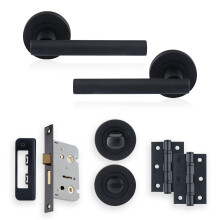 Matt Black Liberty Lever On Rose Bathroom Pack, Complete Set with T-Bar Handles, 65mm Privacy Lock, 75mm Ball Bearing Hinges and Thumb Turn & Release
