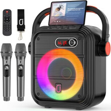 Karaoke Machine with 2 Wireless Microphones, RGB Light PA System with Treble/Bass, Bluetooth Speaker Supports Live Broadcast/Monitoring/Sound Effects,