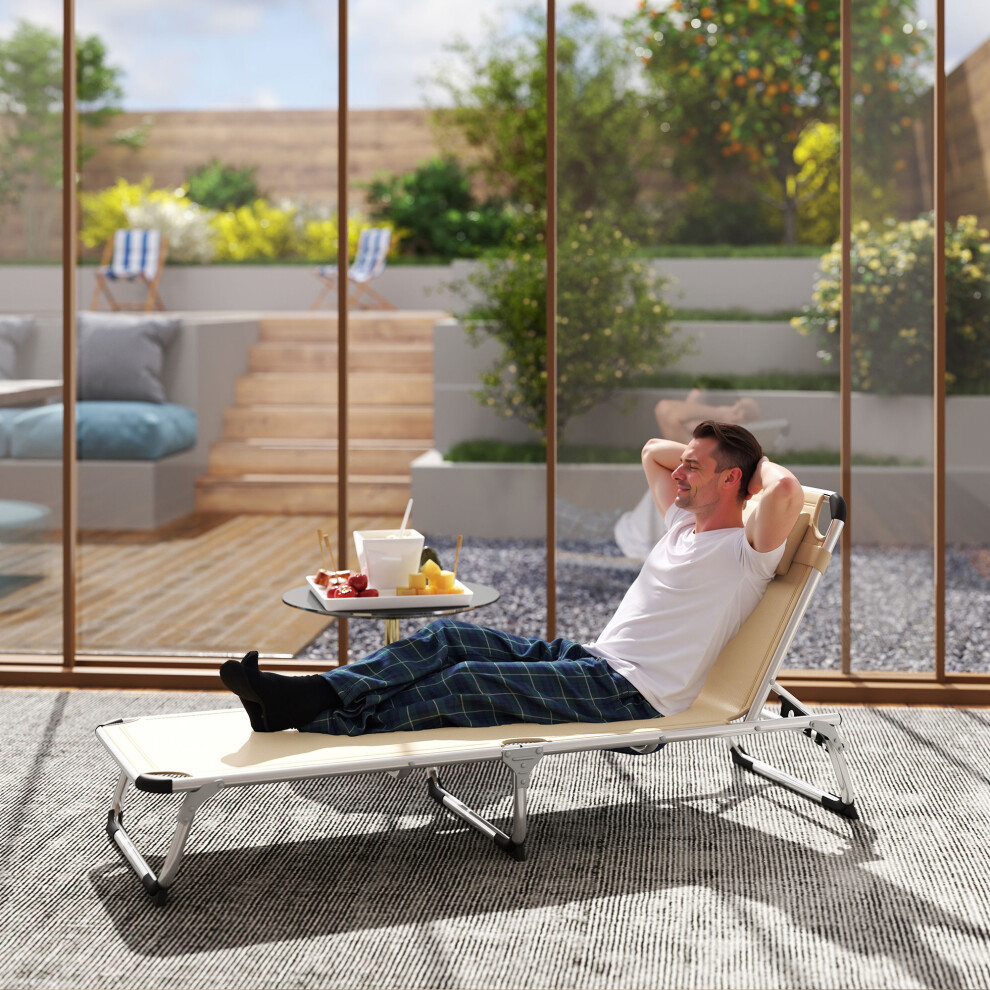 Outsunny Folding Outdoor Reclining Sun Lounger Chair Aluminium Frame Khaki
