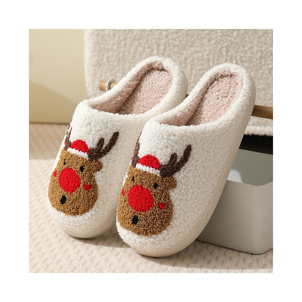 (Red,40-41Foot Length25-25.5cm)Chaussons hiver femme homme Noël élan doublés peluche intérieur antidérapant chaussures chaudes