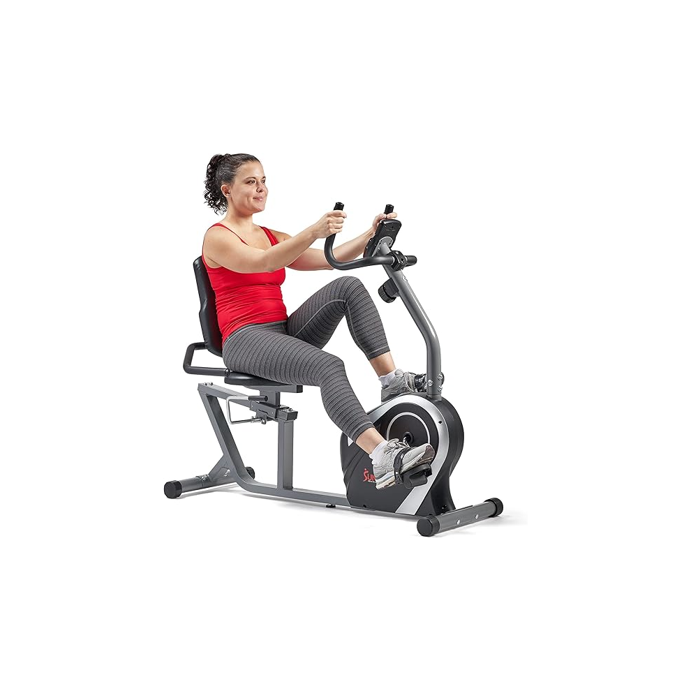 Sunny Health&Fitness Exercise Bike, Magnetic Recumbent Bike, Stationary Cycling Bike with LCD Monitor, Device Holder, Q