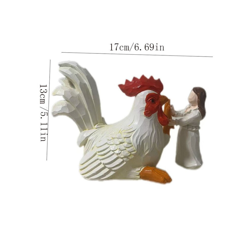 Superbe figurine en résine coq blanc et fille pour charme rustique en déco maison