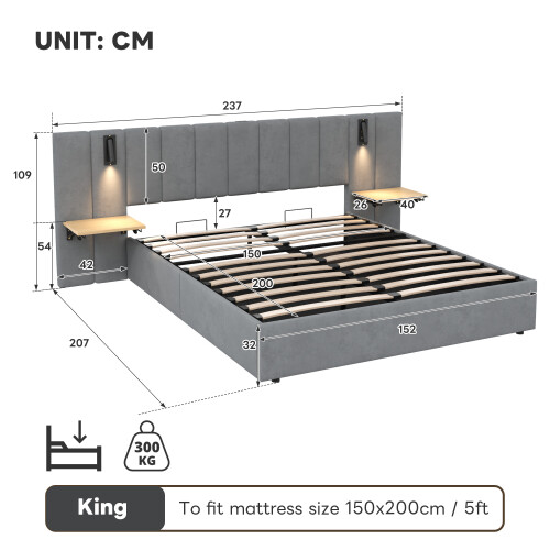 5ft King Upholstered Bed with Charging Station and Reading Light, Grey 1