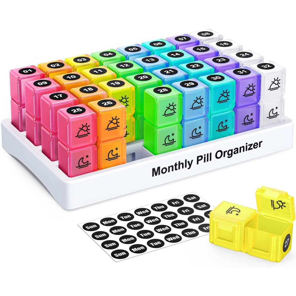 Five Leaf (Colorful) 64-Compartment Am/Pm Monthly Pill Organiser Box | Prevents Missed Doses | Seniors & Complex Medication | Monday-Sunday Labels |