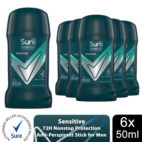 Sure Sure Men Anti Perspirant Deodorant Stick Sensitive, 6x50ml