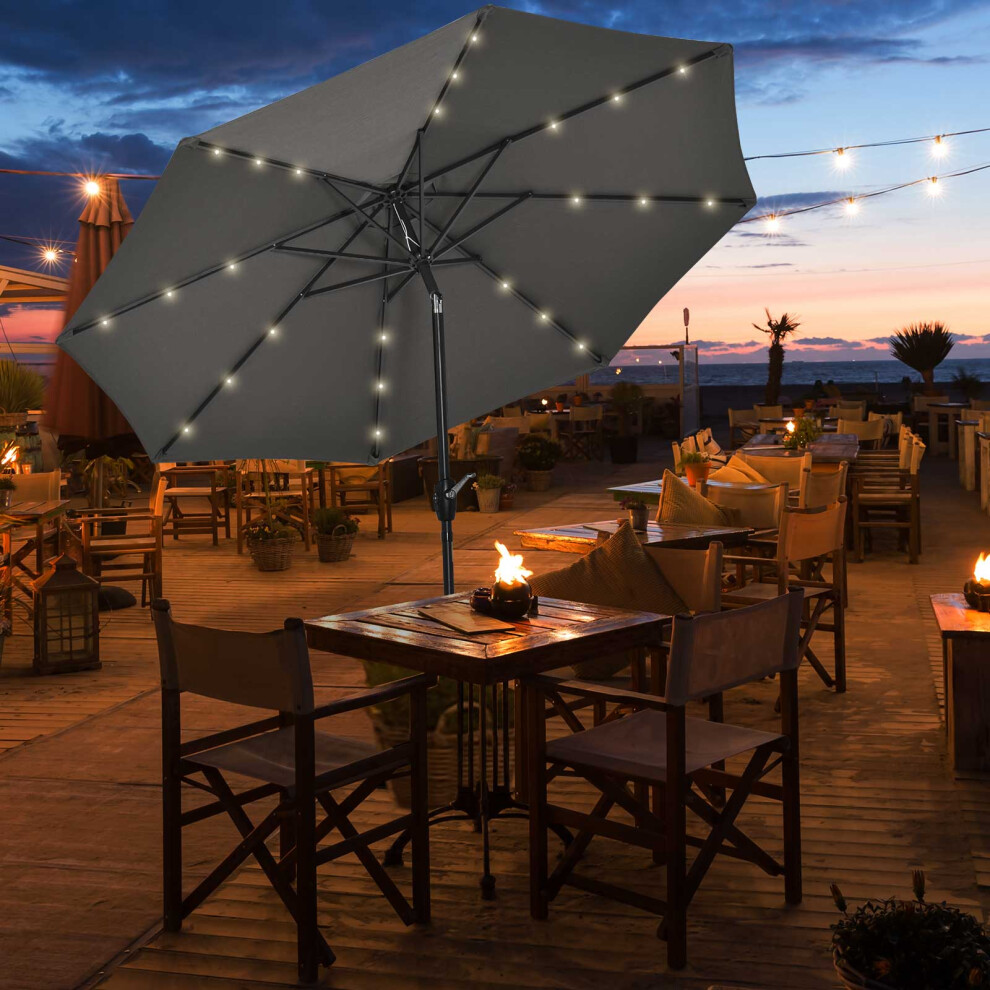 Outsunny Garden Parasol Outdoor Tilt Sun Umbrella LED Light Hand Crank Grey