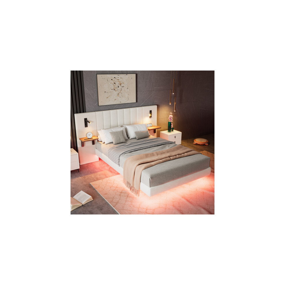 Adults teenagers 4ft6 double bed frame, 2 bedside lamps, With charging socket, Headboard storage function, Velvet+Iron, White