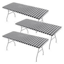 Tablecloth 3 Pcs Fitted Tablecloth for Table,Stretch Waterproof Elastic Vinyl Picnic Table Cover with Flannel Backed Lining(Black)