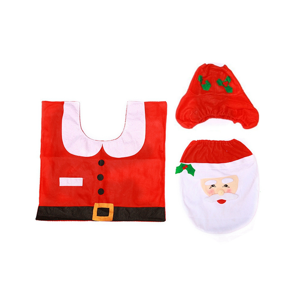 Ensemble de 3 housses de siège de toilette de Noël, housse de siège de toilette Père Noël et tapis pour décorations de salle de bain de Noël