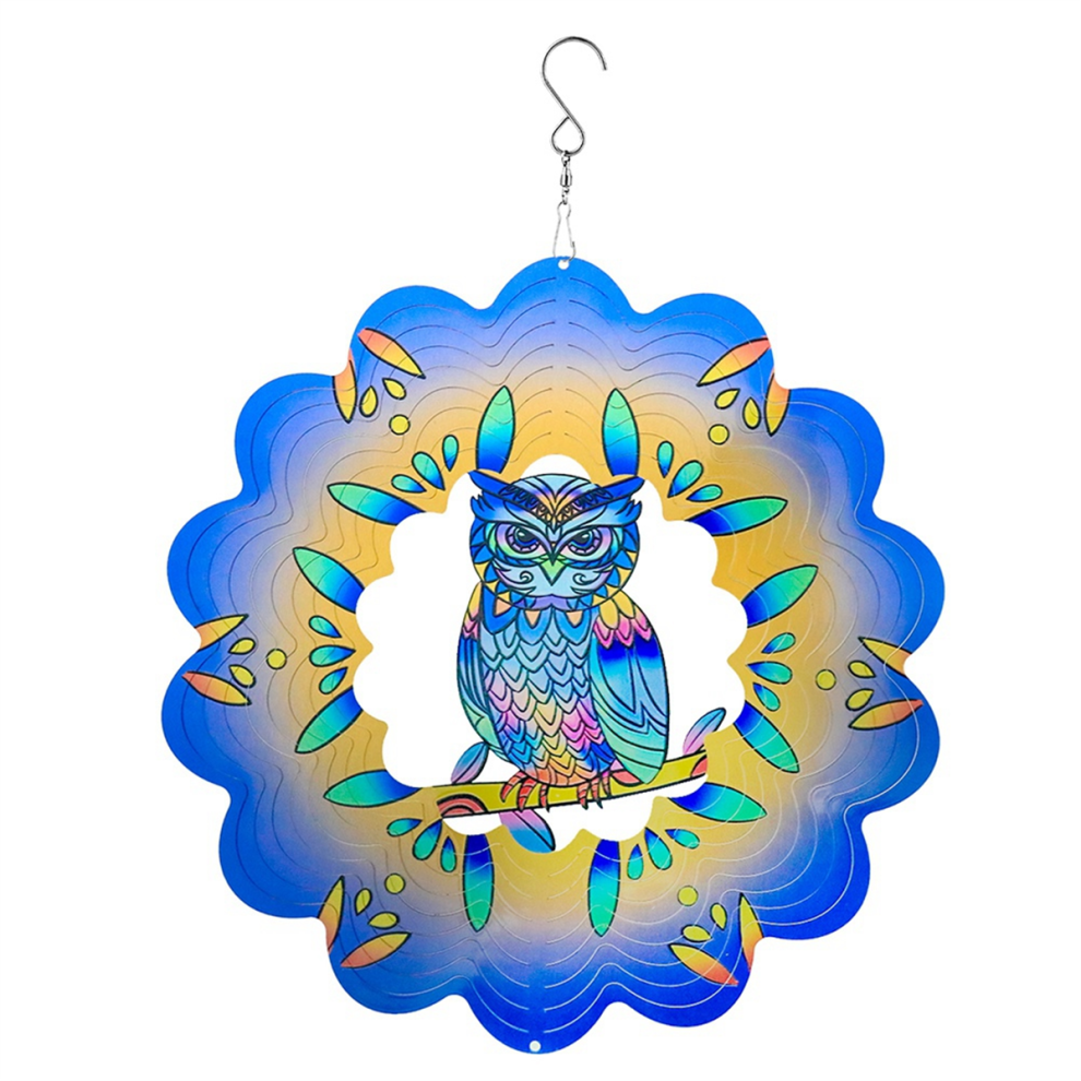 Moulin à vent 3D en forme de hibou bleu, 30,5 cm, découpé au laser, à suspendre, en métal, décoration intérieure/extérieure, style art déco