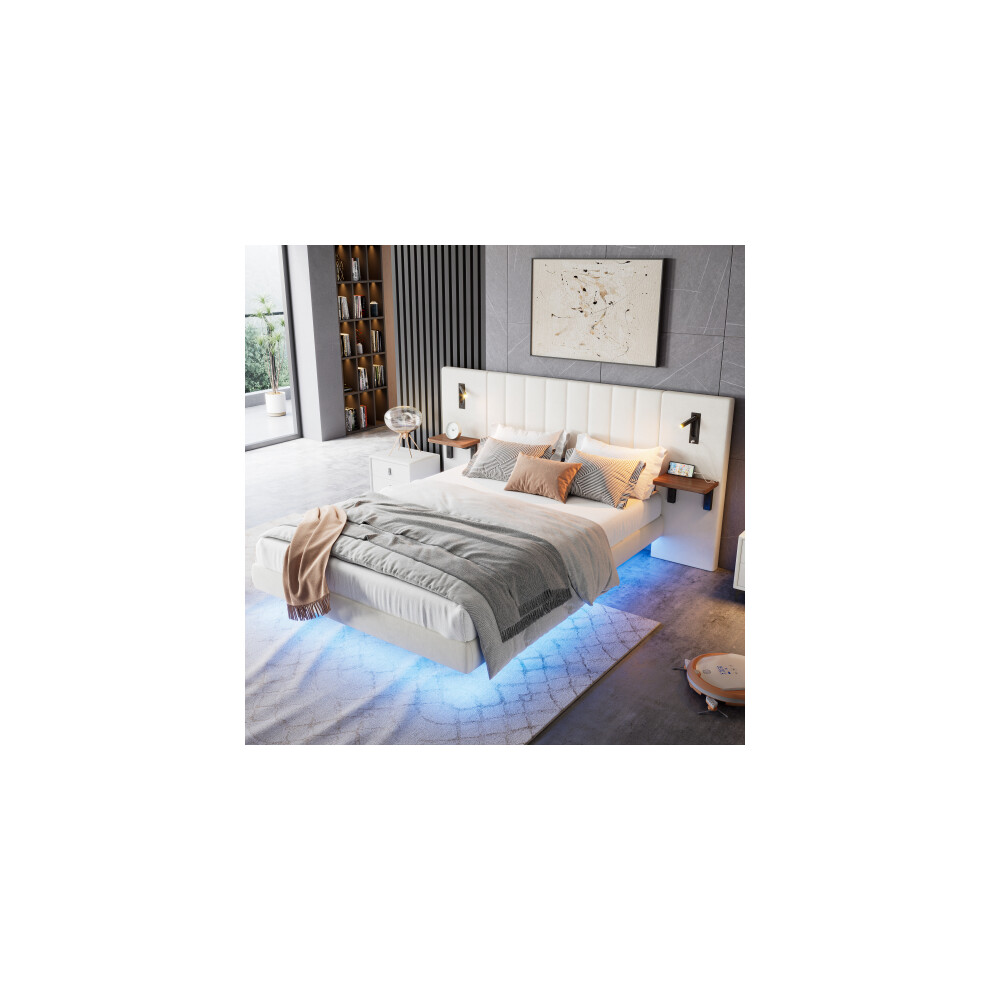 Adults teenagers King bed frame, 2 bedside lamps, With charging socket, Headboard storage function, Velvet+Iron, White