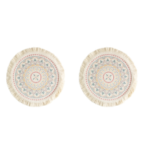 Dining Mat 2Pcs Printed Place Mat Bohemian Tassel Printed Coaster for Home Insulation Circular Shape Dinner Table Layout Props, C
