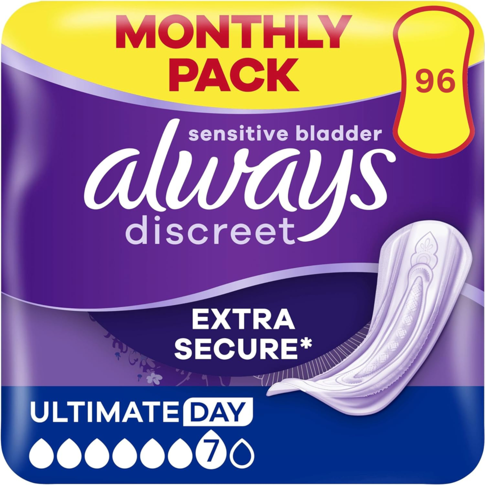 96x Always Discreet Incontinence Pads Women Ultimate Day, Absorbency 7