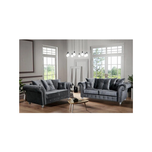 Snugg Furniture (3+2 Seater) Raven Plush 3 and 2 Seater sofa Grey-Button Arms