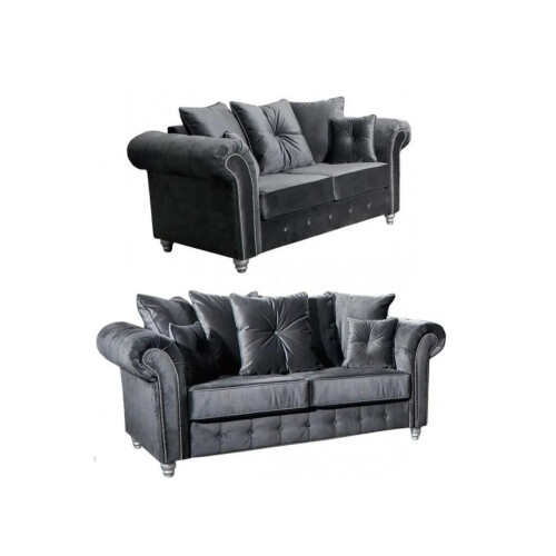 Snugg Furniture (3+2 Seater) Raven Plush 3 and 2 Seater sofa Grey-Button Arms 2