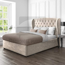 (4ft-Small Double (Without Gas lift), Coffee Plush) DOUBLE WINGED OTTOMAN BED FRAME UPOLESTERED GASLIFT STORAGE BED+MATTRESS