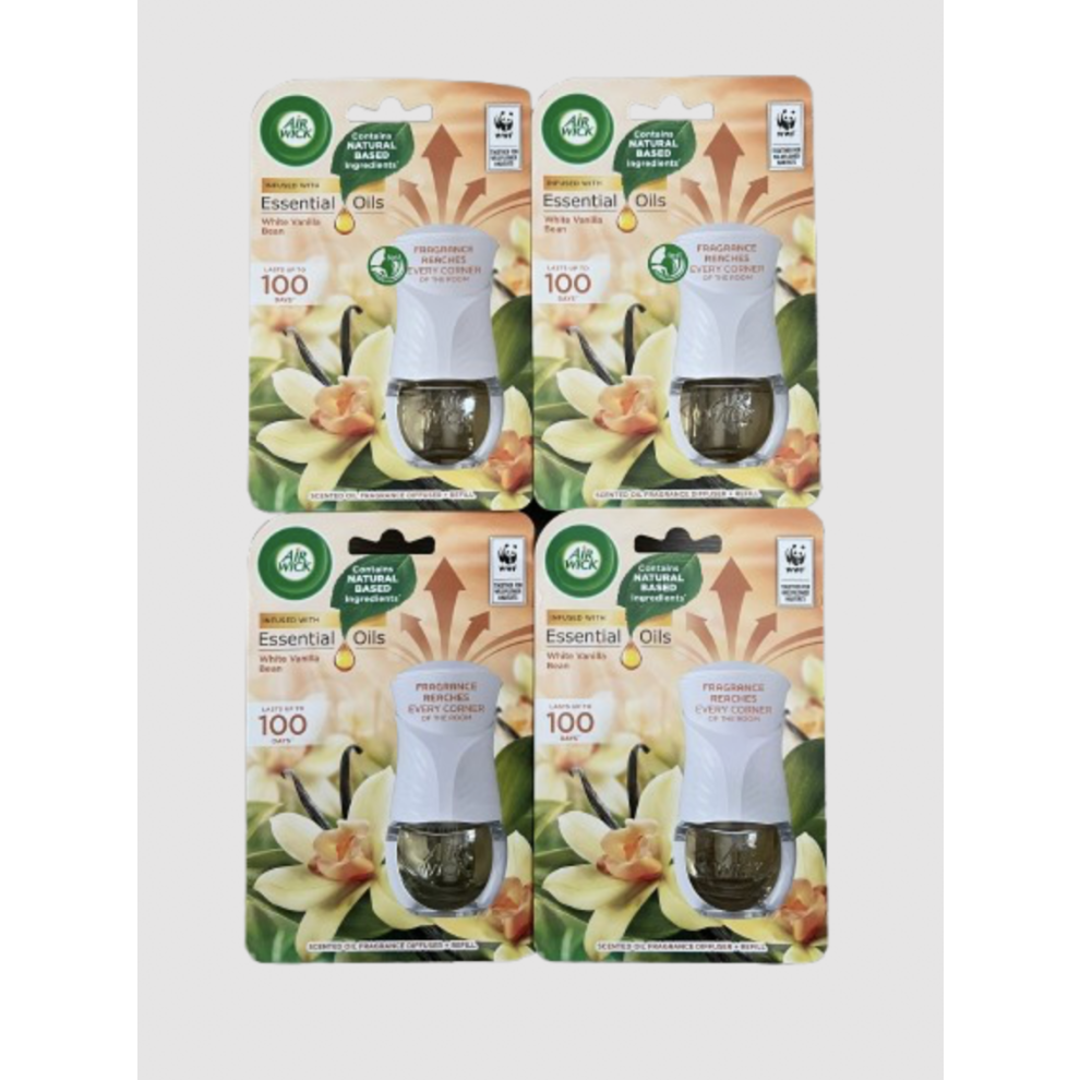 4 x Air Wick Scented Oil Plug Diffuser & Refill White Vanilla Bean 19ml