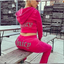 (S,Rose Red)Velour Juicy Sewing Suit Hoodies Velvet Zipper Sweatshirt And Pants Set Sportswear 2024 Women's Spring/fall Tracksuit Crop