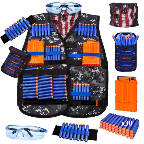 Kids Tactical Vest Kit for Nerf Guns Series with Refill Darts,Dart Pouch, Reload Clips, Tactical Mask, Wrist Band and Protective Glasses