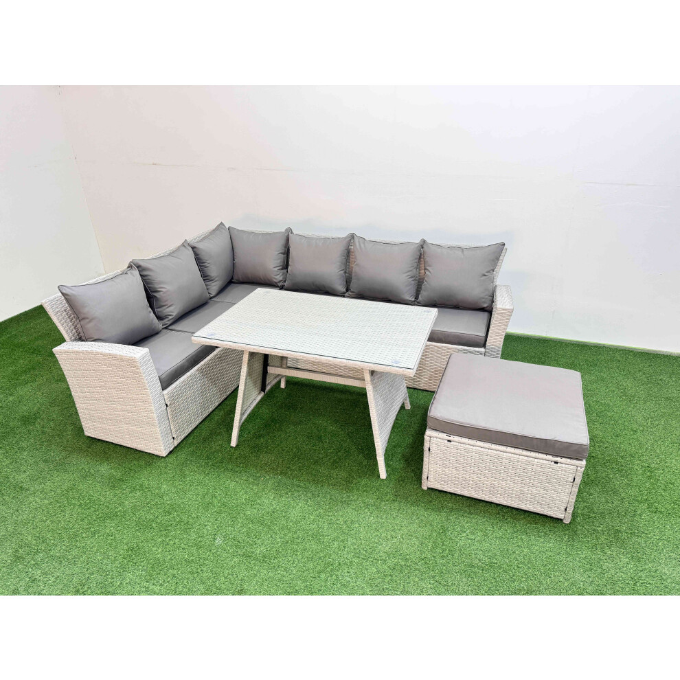 Fimous Garden Outdoor Rattan Furniture Set Rattan Corner Sofa Oblong Dining Table Set with Big Footstool Light Grey Mixed 7 Seater