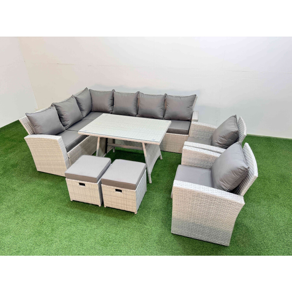 Fimous Garden Outdoor Rattan Furniture Set Rattan Corner Sofa Oblong Dining Table with 2 Armchairs 2 Small Footstools Light Grey Mixed 10 Seater