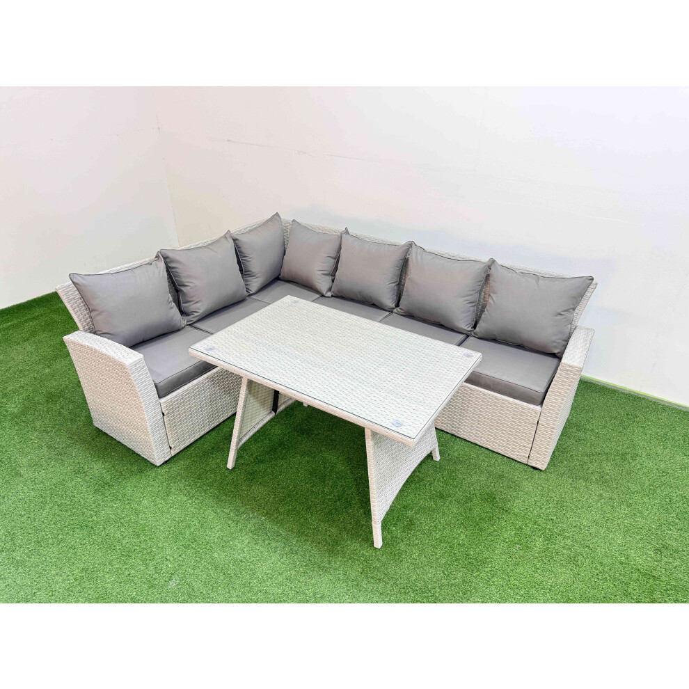 Fimous Garden Outdoor Rattan Furniture Set Rattan Corner Sofa Oblong Dining Table Set Light Grey Mixed 6 Seater
