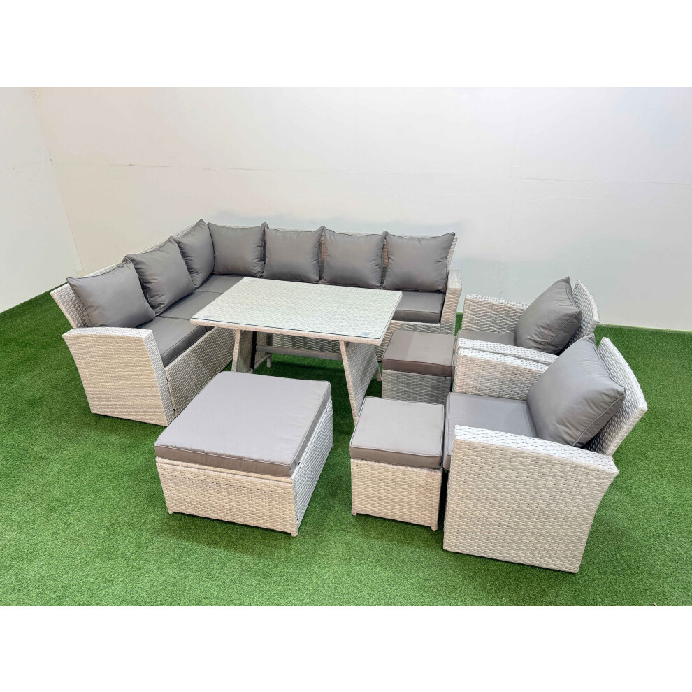 Fimous Garden Outdoor Rattan Furniture Set Rattan Corner Sofa Oblong Dining Table with 2 Armchairs 3 Footstools Light Grey Mixed 11 Seater