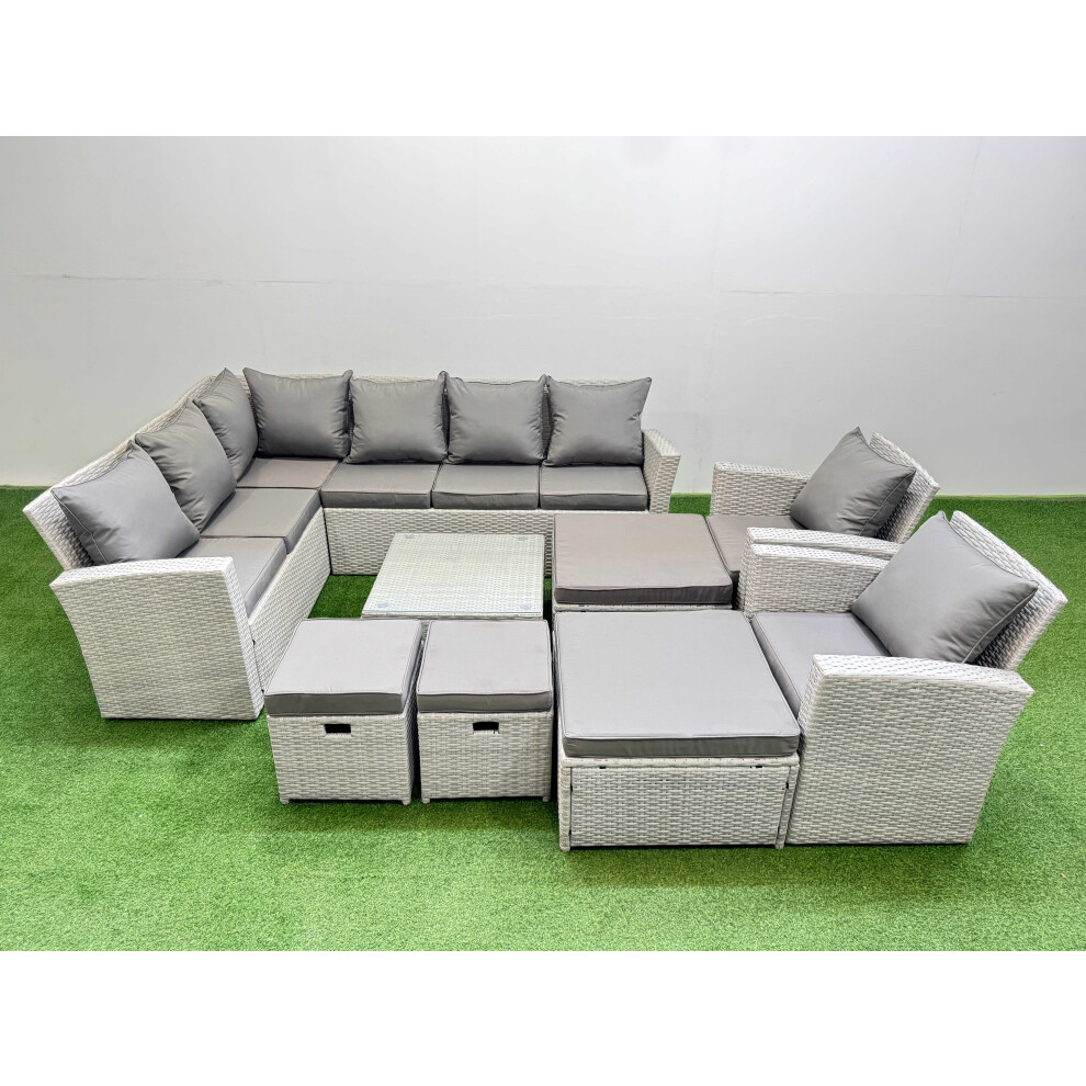 Fimous Outdoor Rattan Garden Furniture Set 12 Seater Corner Sofa Sets with Square Coffee Table Chair 4 Footstools Light Grey Mixed-image-OPC-PGYGT2H-NEW