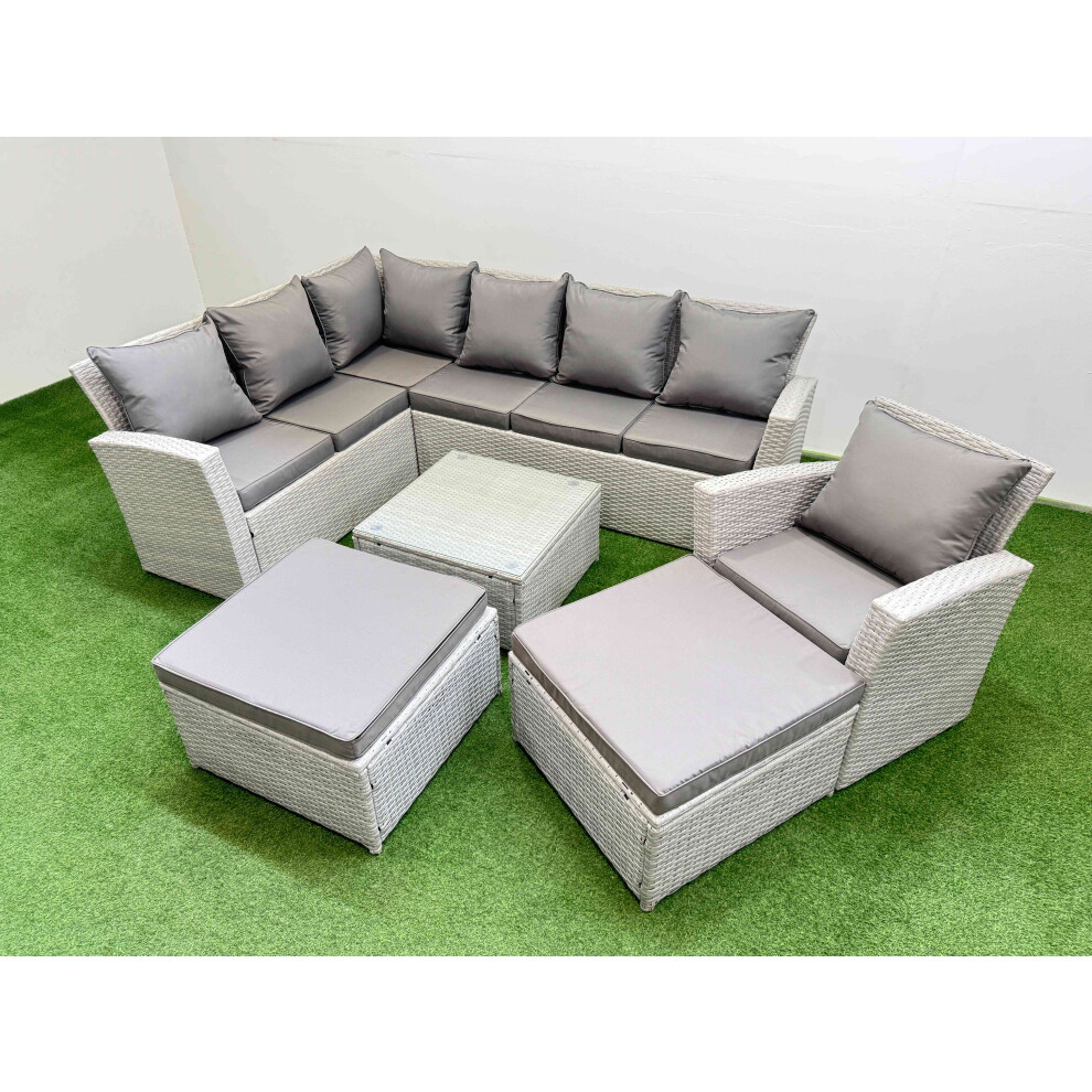 Rackhams Light/Grey Outdoor Rattan Garden Furniture Set 9 Seater Corner Sofa Sets With Square Coffee Table Chair 2 Big Footstools Mixed - Image 3