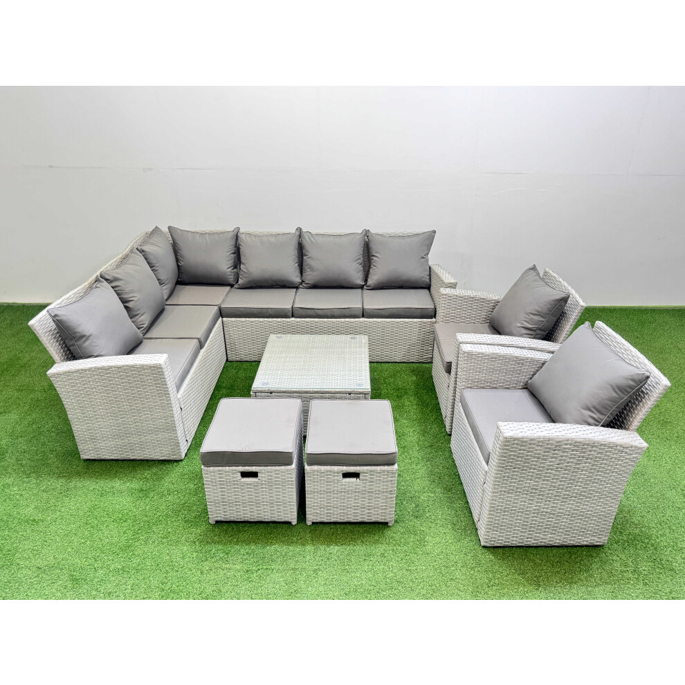 Fimous Outdoor Rattan Garden Furniture Set 10 Seater Corner Sofa Sets with Square Coffee Table Chair 2 Small Footstool Light Grey Mixed-image-OPC-PGYGT2V-NEW