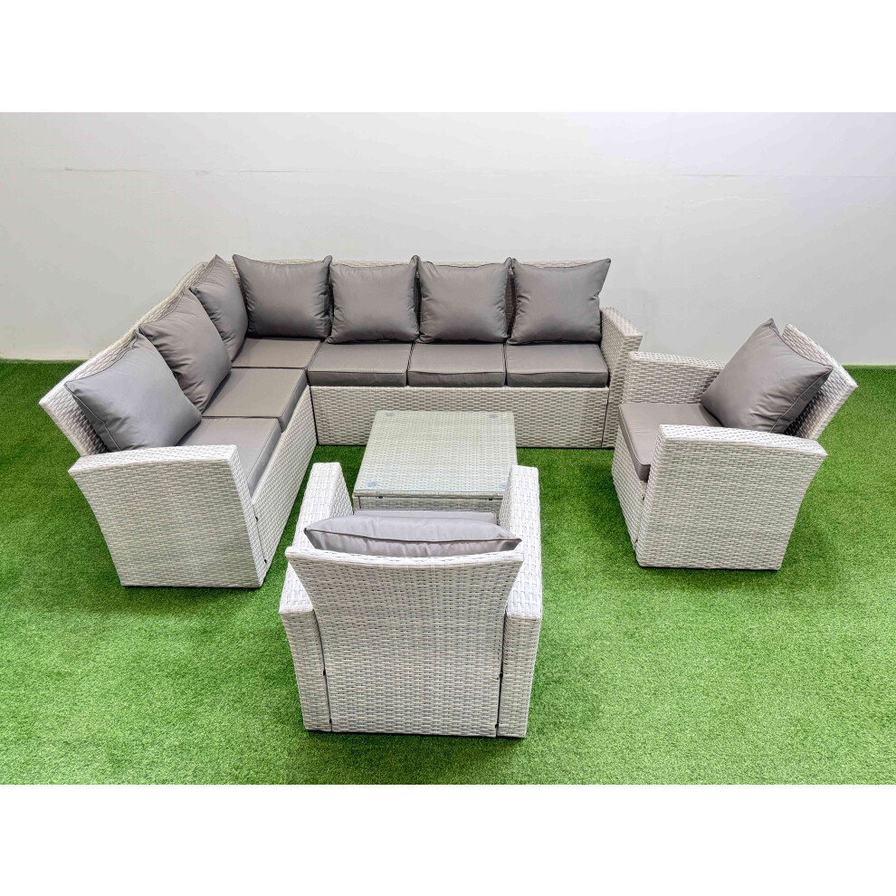Fimous Outdoor Rattan Garden Furniture Set 8 Seater Corner Sofa Sets with Square Coffee Table 2 Chairs Light Grey Mixed