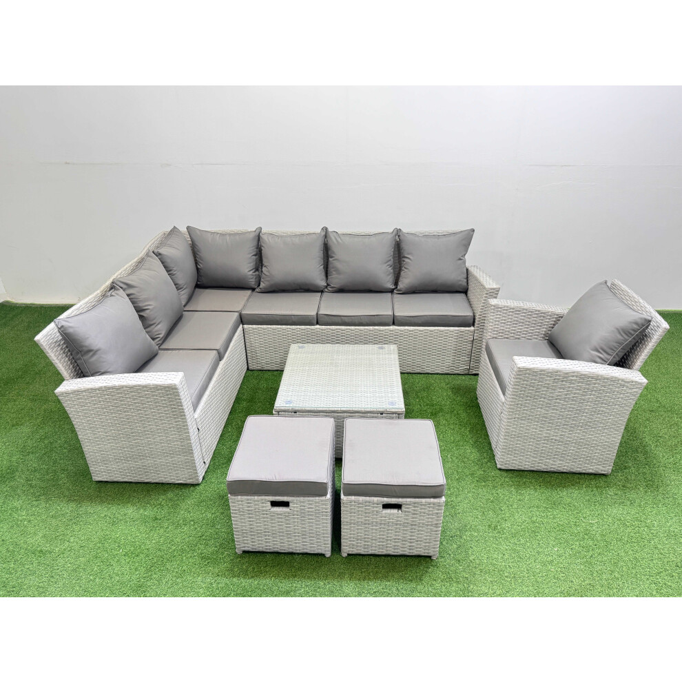 Rackhams Light/Grey Outdoor Rattan Garden Furniture Set 9 Seater Corner Sofa Sets With Square Coffee Table Chair 2 Small Footstools Mixed - Image 2
