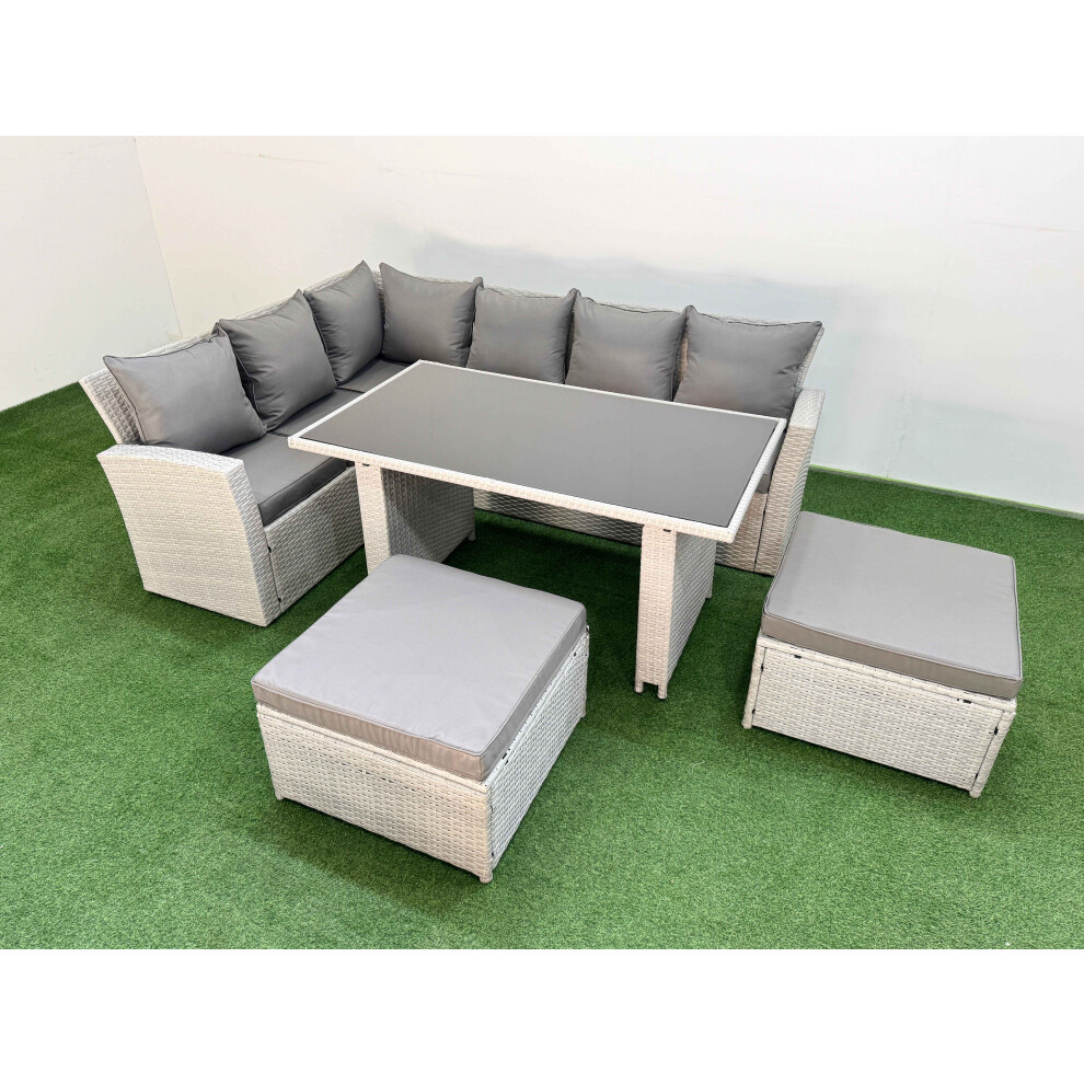 Fimous 8 Seater Wicker Rattan Corner Sofa Sets Outdoor Garden Furniture Sets with Rectangular Dining Table Lounge Sofa 2 Big Footstool Light Grey