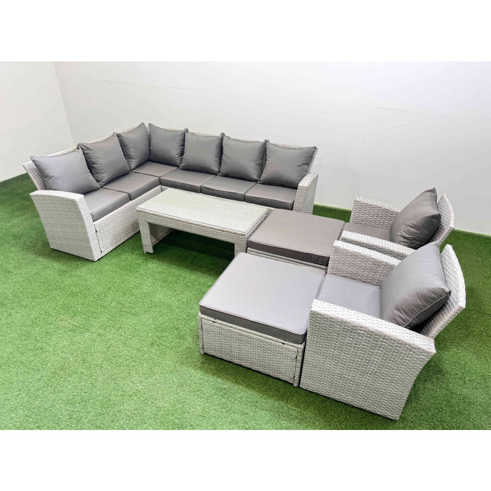 Fimous Rattan Garden Furniture Set Outdoor 10 Seater Corner Sofa Sets with Oblong Coffee Table Chair Big Footstools Light Grey Mixed