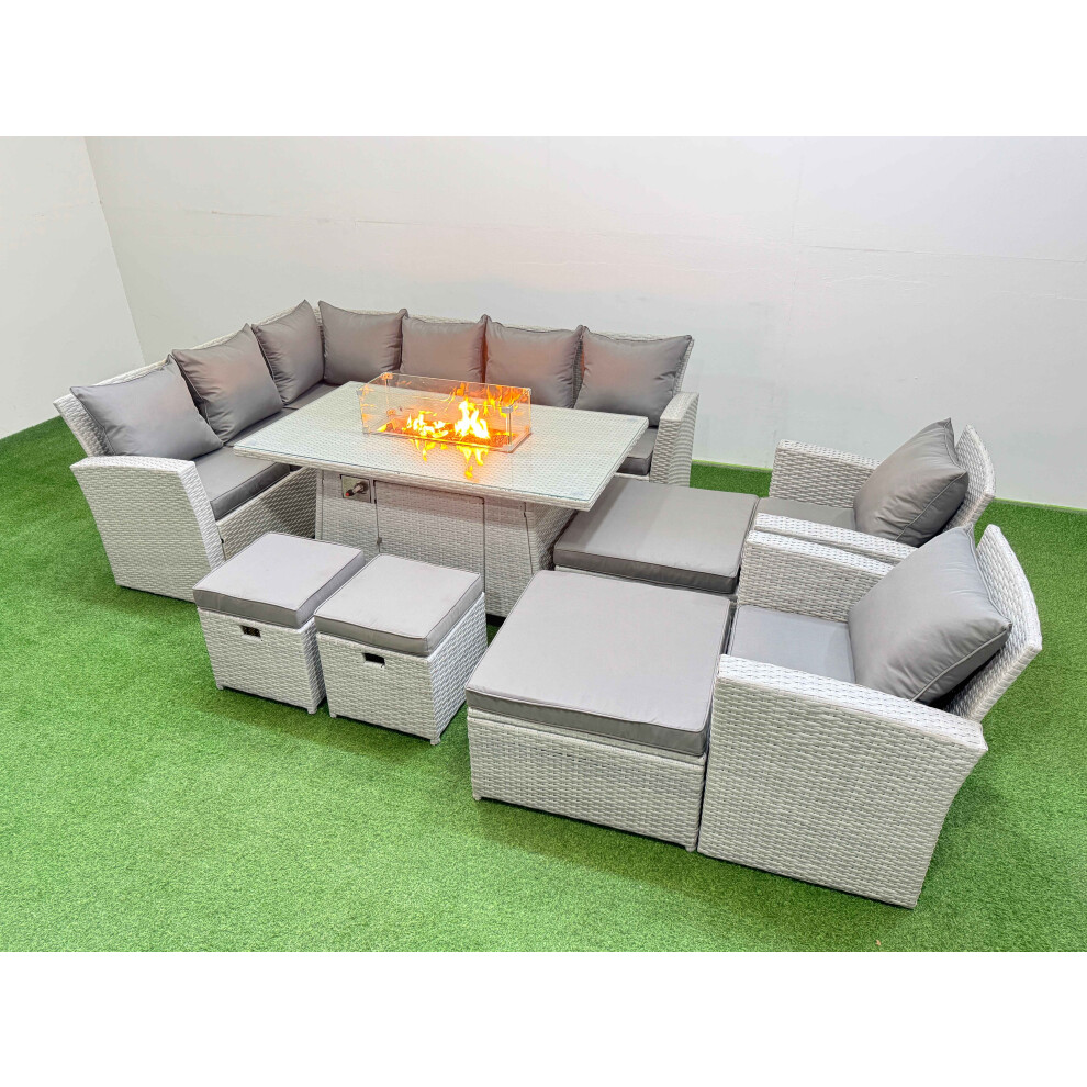 Rackhams Light/Grey Outdoor Furniture Garden Dining Set Rattan Corner Sofa Chair Sets Gas Fire Pit Table With Temper Glass Footstools Mixed - Image 2