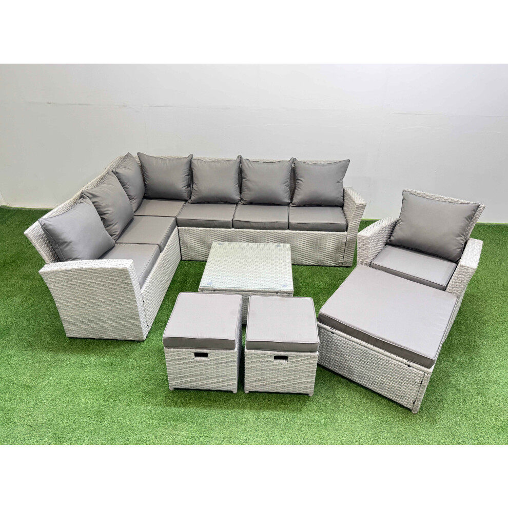 Fimous Light/Grey Outdoor Rattan Garden Furniture Set 10 Seater Corner Sofa Sets With Square Coffee Table Chair 3 Footstools Mixed - Image 3