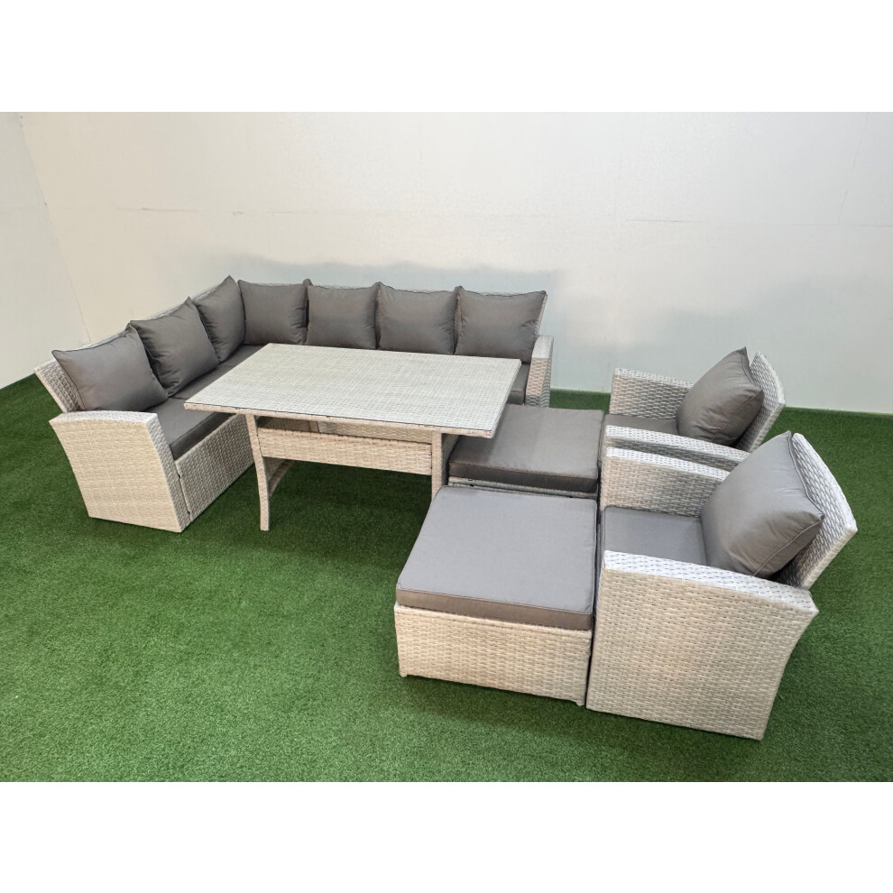 Fimous 10 Seater Rattan Garden Furniture Set Outdoor Patio Dining Corner Sofa Sets with Dining Table 2 Chairs Big Footstools Light Grey Mixed-image-OPC-PGYGT5F-NEW