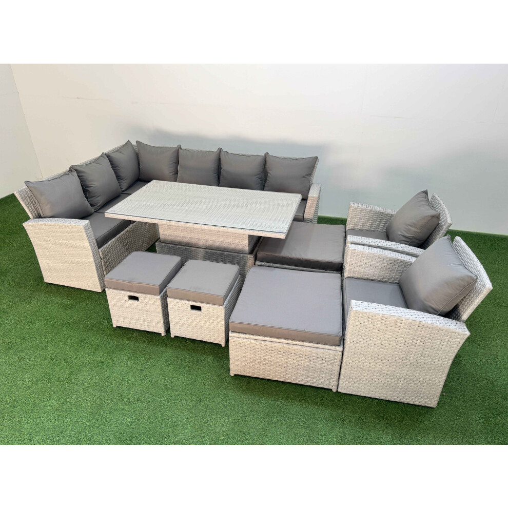 Fimous 12 Seat Rattan Outdoor Garden Furniture Corner Sofa Set Adjustable Lifting Dining or Coffee Table Set with Armchair Light Grey