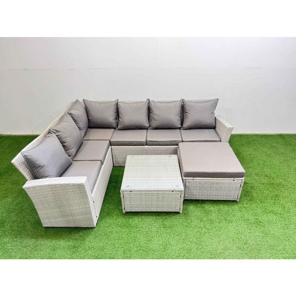 Rackhams Light/Grey Outdoor Rattan Garden Furniture Set 7 Seater Corner Sofa Sets With Square Coffee Table Big Footstool Mixed - Image 2